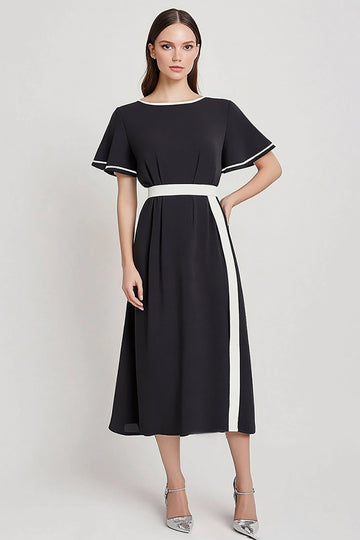Black A Line Midi Dress with Short Sleeves